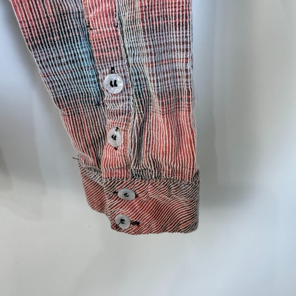We the Free Plaid Ribbed Button Up Shirt Womens M Pink Blue Raw Hem Ruffle Back - Picture 5 of 10